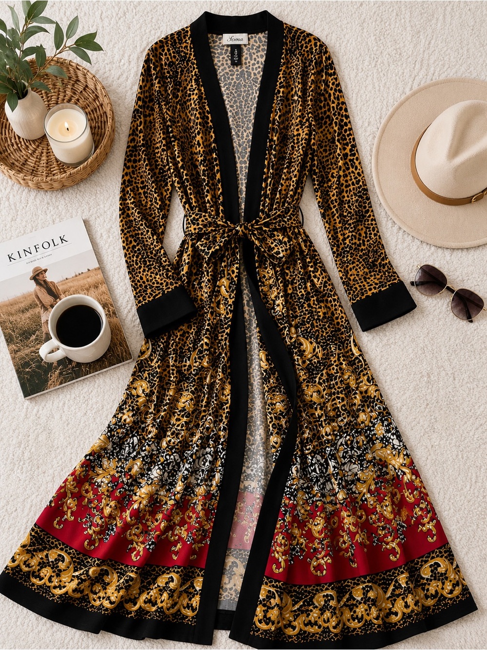 Soma | Leopard Print Long Robe Duster Cardigan L/XL Animal Print Loungewear 55" - Picture 2 of 5